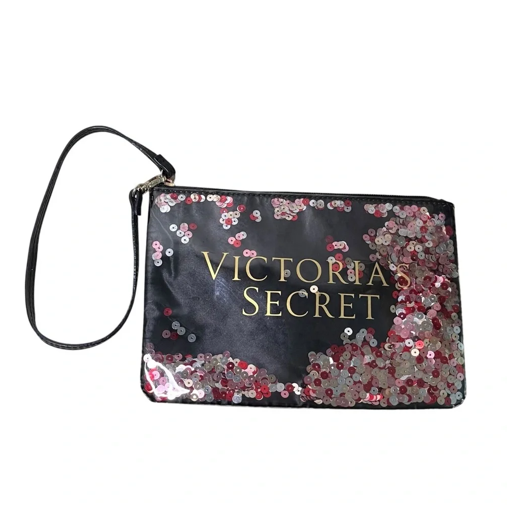 Victoria’s Secret Black Sequin Wristlet Cosmetic Bag Pouch 8.65x6